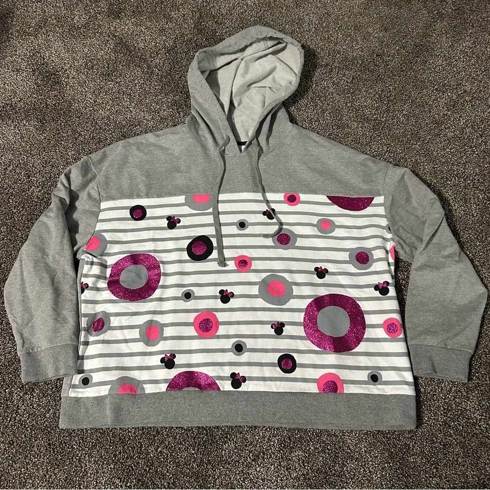 Disney Parks XXL gray striped hoodie with Minnie glitter sparkle abstract dots